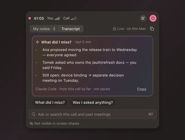 The live transcript panel answering a question during the call
