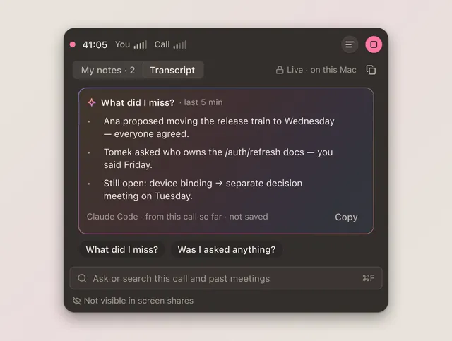 The live transcript panel answering a question during the call