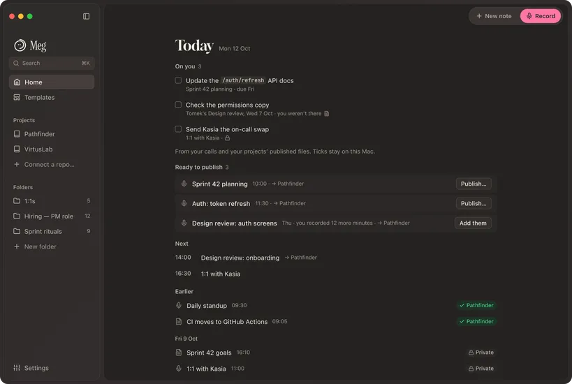 Meg Home: what is on you, ready to publish, next and earlier meetings