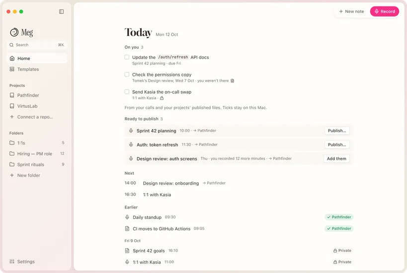 Meg Home: what is on you, ready to publish, next and earlier meetings