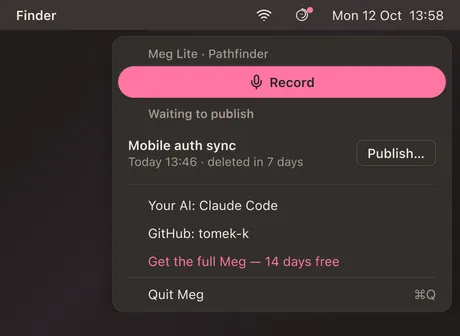 The Meg Lite menu-bar popover with Record and Publish