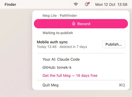 The Meg Lite menu-bar popover with Record and Publish