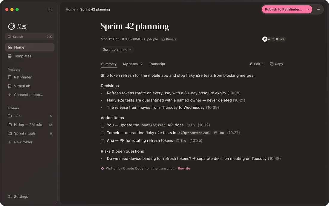 Meg showing the summary of Sprint 42 planning, with the live transcript panel open.