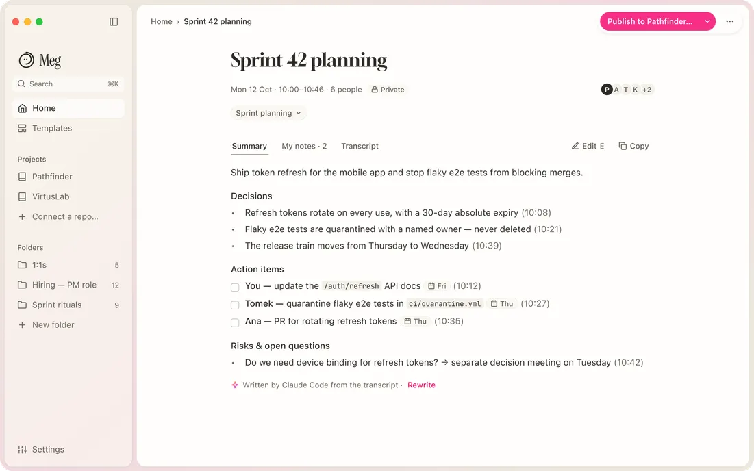 Meg showing the summary of Sprint 42 planning, with the live transcript panel open.