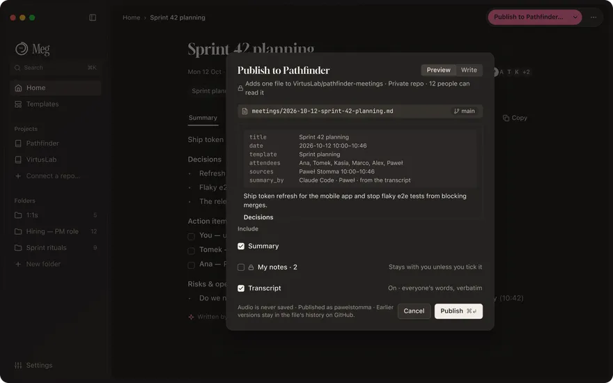 The Publish sheet previewing the exact Markdown file, transcript ticked