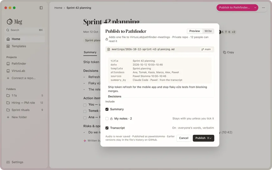 The Publish sheet previewing the exact Markdown file, transcript ticked