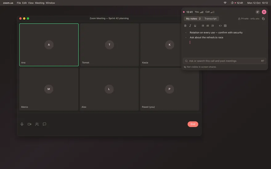 A call on the Mac desktop with the Meg call panel open on My notes