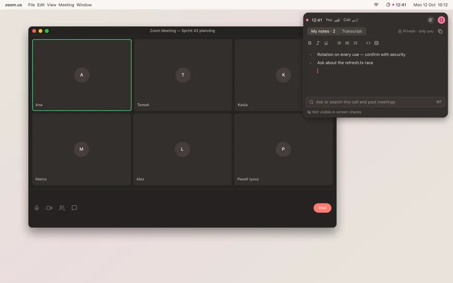 A call on the Mac desktop with the Meg call panel open on My notes